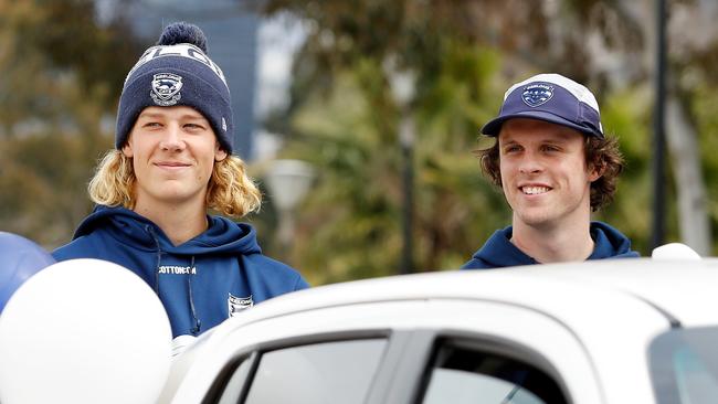 Sam De Koning and Max Holmes at the grand final parade on Friday. Picture: Dylan Burns/AFL Photos