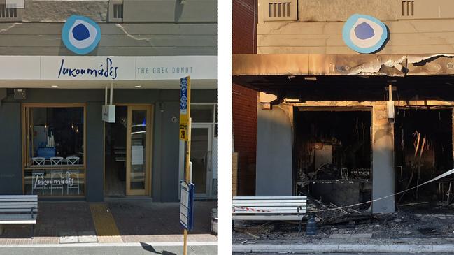 Before and after: Lukoumades doughnut shop at Henley Beach has been devastated by fire.