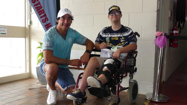 Cowboys fan Kaye Louis got the surprise of his life when Johnathan Thurston showed up in Murgon. Photo/Holly Cormack.