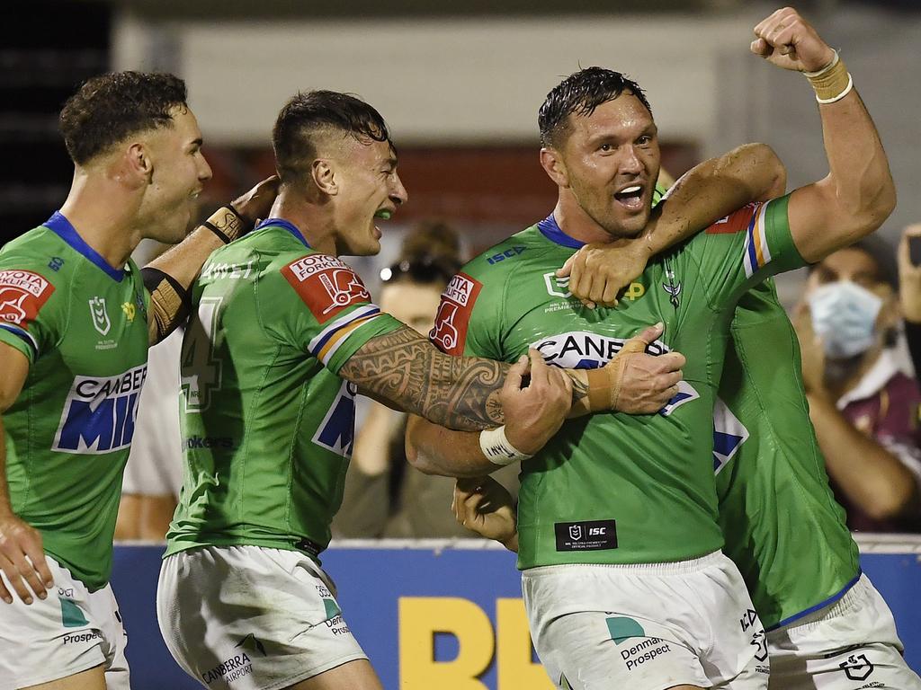 <p>MACKAY, AUSTRALIA - AUGUST 27: Jordan Rapana of the Raiders celebrates after scoring the game winning try during the round 24 NRL match between the New Zealand Warriors and the Canberra Raiders at BB Print Stadium, on August 27, 2021, in Mackay, Australia. (Photo by Ian Hitchcock/Getty Images)</p>