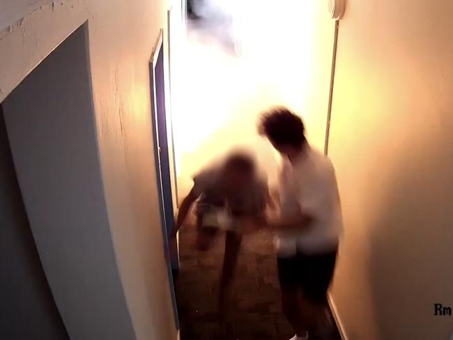 CCTV footage captures the moment two backpackers were caught in a fireball when a lithium-ion battery exploded inside their Darlinghurst hostel in October 2023. Picture: RFS / Supplied