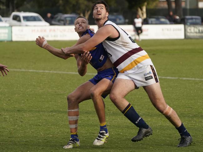 EFNL: Noble Park’s Kieren Byers battles Lachlan Waddell of Doncaster East. Picture: Valeriu Campan