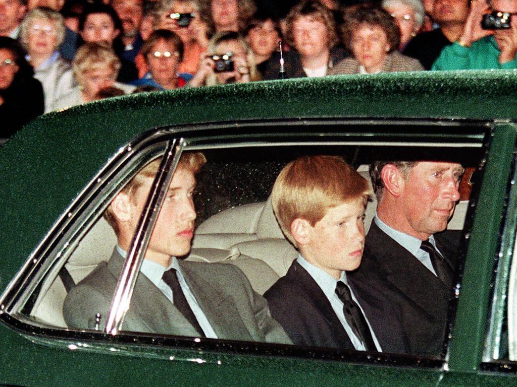 Prince Charles (R), Prince Harry (C) and Prince William follow the hearse of Diana Princess of Wales. Picture: AFP Photo