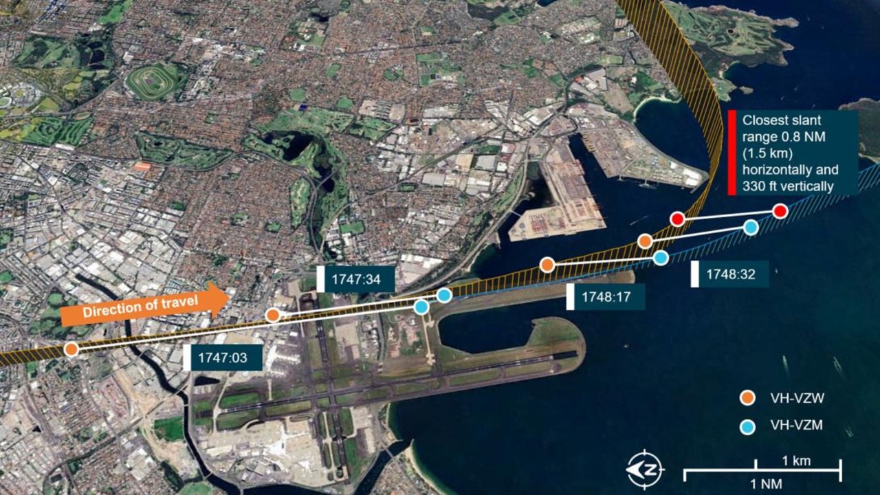 White lines link the locations of the two aircraft at the same point in time. Picture: ATSB