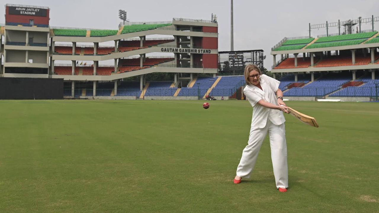 Premier Jacinta Allan plays cricket at Arun Jaitley Stadium in Delhi India. Picture: Jai Narula