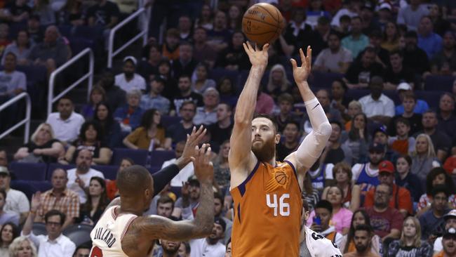 Aron Baynes drains a three during his recordbreaking night for the Suns. Picture: AP Photo