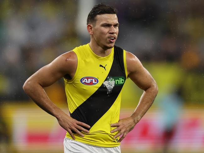 PERTH, AUSTRALIA - JULY 06: Daniel Rioli of the Tigers looks on during the 2024 AFL Round 17 match between the Fremantle Dockers and the Richmond Tigers  at Optus Stadium on July 06, 2024 in Perth, Australia. (Photo by Will Russell/AFL Photos via Getty Images)