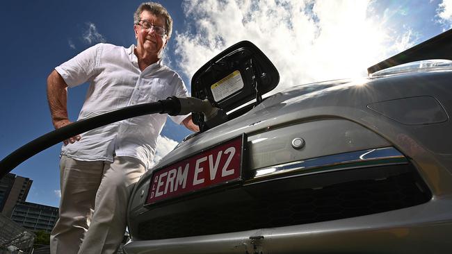 Energy billionaire Trevor St Baker recharges his Nissan Leaf. Picture: Lyndon Mechielsen/The Australian