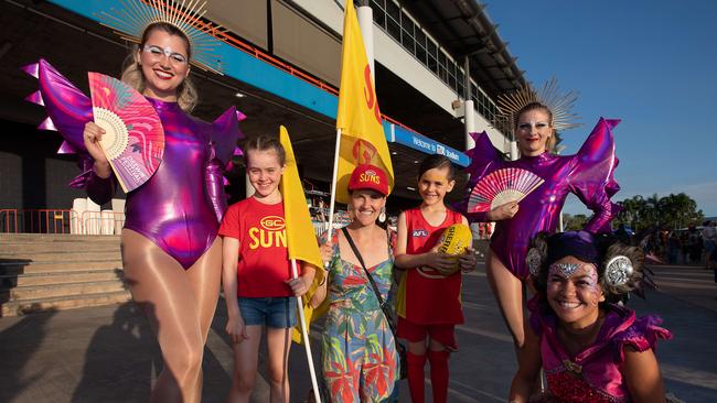 Emily Campbell, Olivia Campbell, Alexander Campbell and Fairy Jill at the Gold Coast Suns match vs Adelaide Crows at TIO Stadium. Picture: Pema Tamang Pakhrin