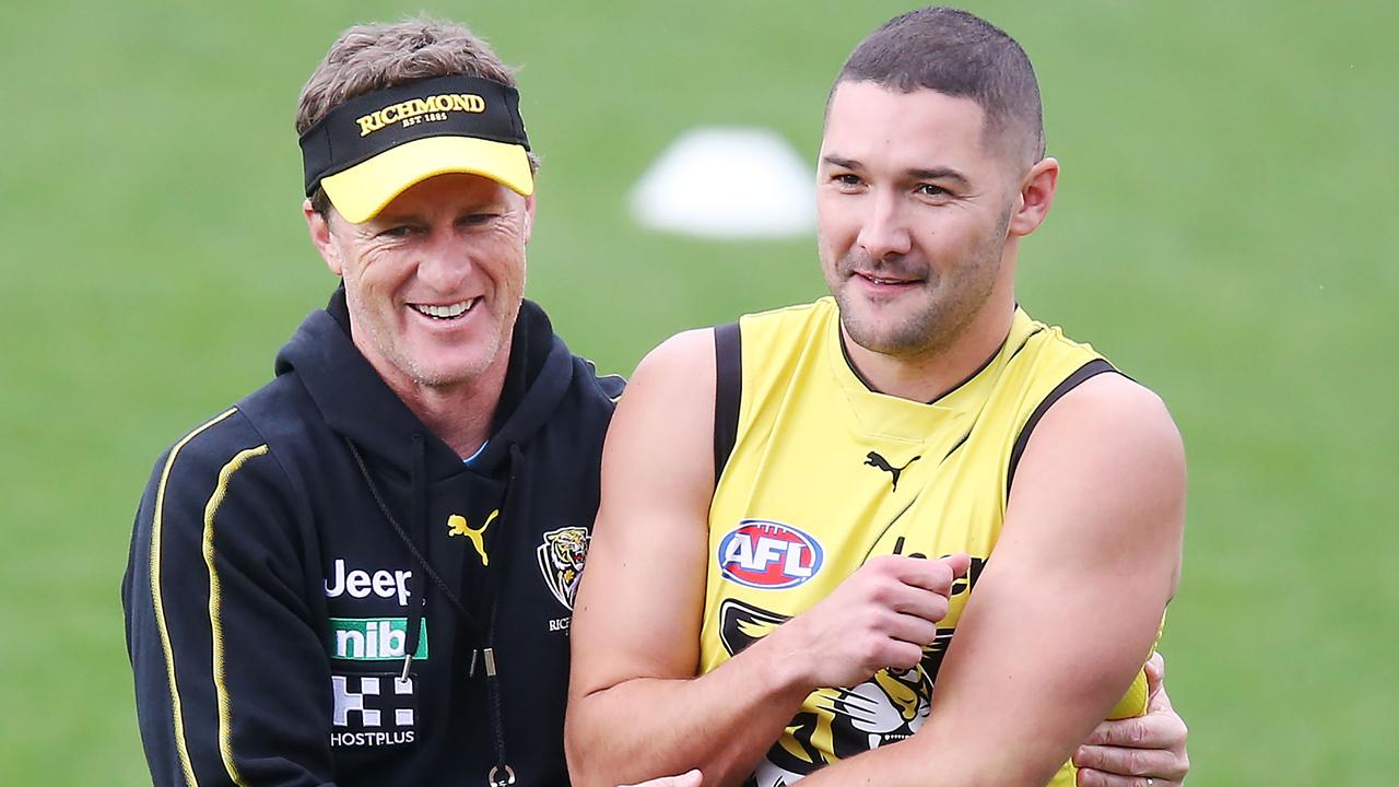 Damien Hardwick has successfully lured Shaun Grigg (right) from his assistant coaching job at Geelong to take up a role on his staff at Gold Coast. Picture: Michael Dodge / Getty Images