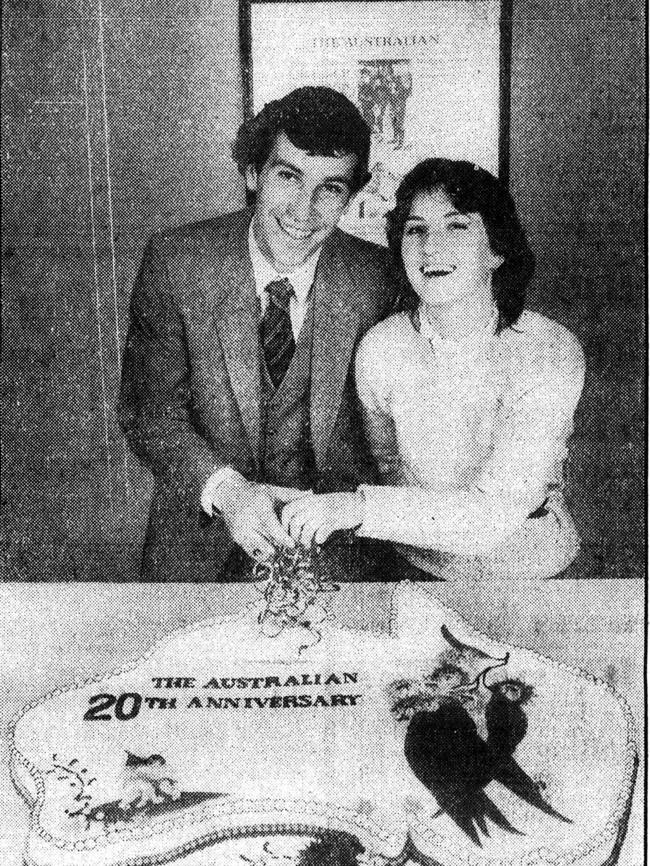 Kate Moore and Rob Emms help celebrate The Australian’s 20th anniversary in 1984.