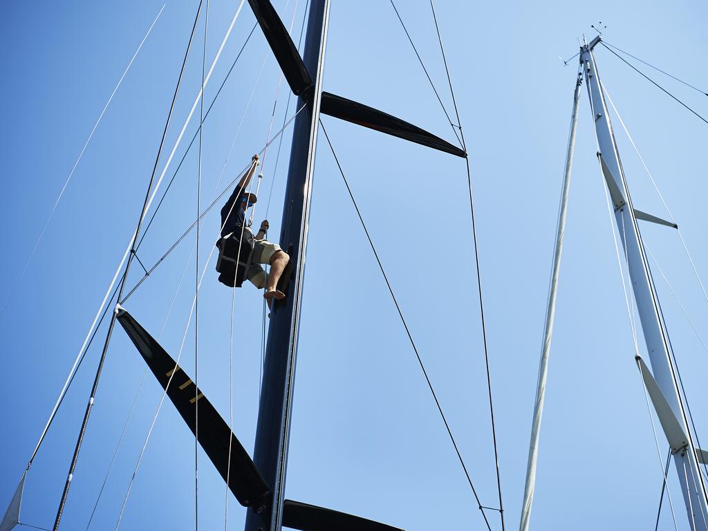 A crew member of No Limits is pictured working prior to setting sail from the CYCA during the 2019 Sydney to Hobart on December 26, 2019 in Sydney, Australia. (Photo by Brett Hemmings/Getty Images)