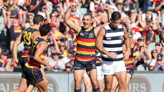 Taylor Walker of the Crows celebrates another goal.