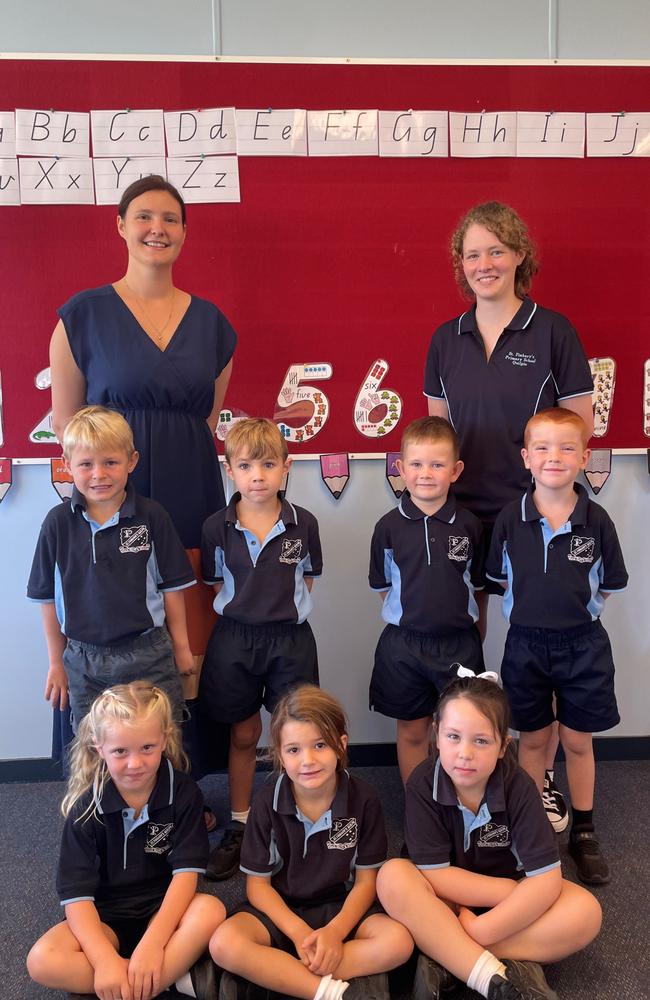 MY FIRST YEAR 2024: St Finbarr’s School, Quilpie teacher Mrs Hennessey (left) and teacher's aide Miss Millie with Prep students (middle row, from left) George, Kolt, Archer and Parker and (front row, from left) Sadie, Ruth, and Amber.