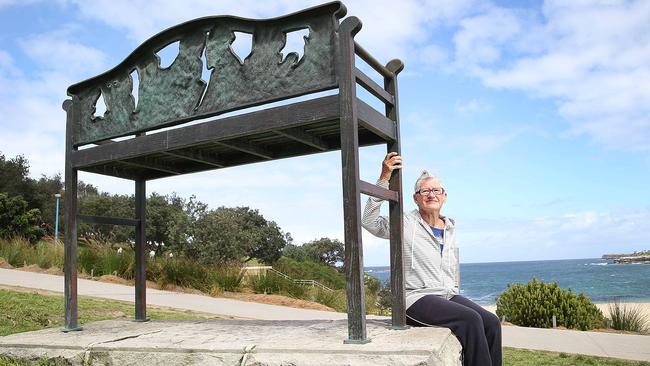 Eileen Slarke with her "Impressionists Seat" at Coogee Beach. Picture: Danny Aarons