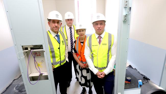 Premier Steven Miles (right) with (from left) Treasurer Cameron Dick, Police Minister Mark Ryan and Youth Justice Minister Di Farmer inspect the new Wacol Youth Remand Centre. Picture: Steve Pohlner