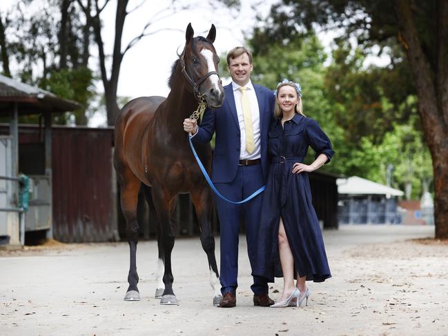 DAILY TELEGRAPH 11TH OCTOBER 2022Pictured at Bjorn Baker Racing at Warwick Farm in Sydney is trainer Bjorn Baker and wife Andrea with Overpass one of their two runners in this weekends 2022 Everest.Picture: Richard Dobson