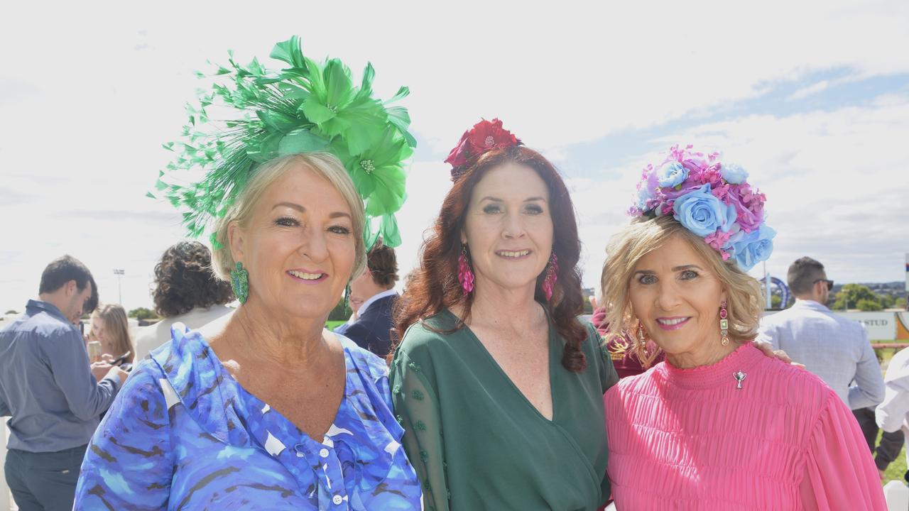 Kathy McVeigh, Carol Campbell and Chris Tape at the 2023 Audi Centre Toowoomba Weetwood race day at Clifford Park Racecourse.