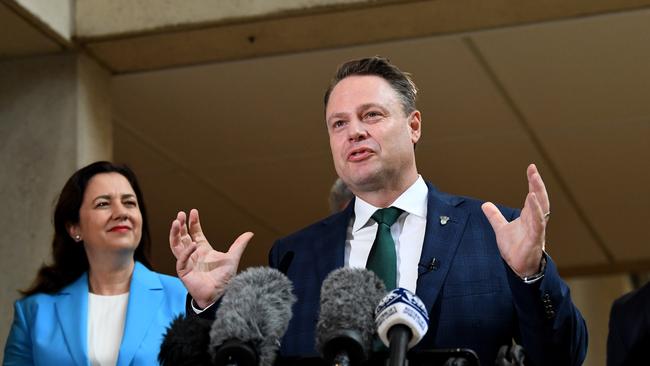 Brisbane Lord Mayor Adrian Schrinner with the Premier during a press conference about the Olympic bid. Picture: NCA NewsWire / Dan Peled