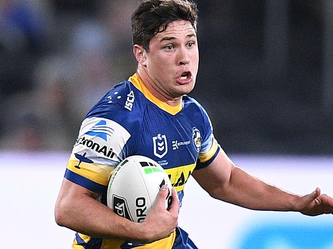 Mitch Moses of the Eels runs the ball during the Round 4 NRL match between the Parramatta Eels and the Manly Warringah Sea Eagles at Bankwest Stadium in Sydney, Saturday, June 6, 2020. (AAP Image/Dan Himbrechts) NO ARCHIVING, EDITORIAL USE ONLY