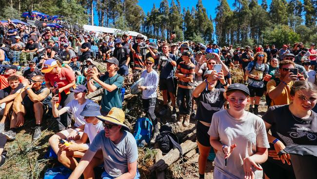 MAYDENA, AUSTRALIA - FEBRUARY 24, 2024: Finish line atmosphere as riders compete in the finals at Red Bull Hardline Tasmania on February 24, 2024 in Maydena, Australia. (Photo credit should read Chris Putnam/Future Publishing via Getty Images)