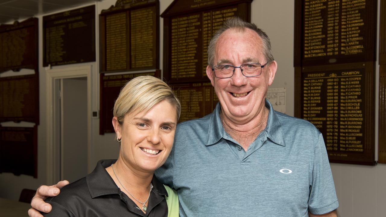 Commonwealth Games gold medallist bowler Karen Murphy in Toowoomba last weekend with City Bowls Club chairman Jim Cosgrove.