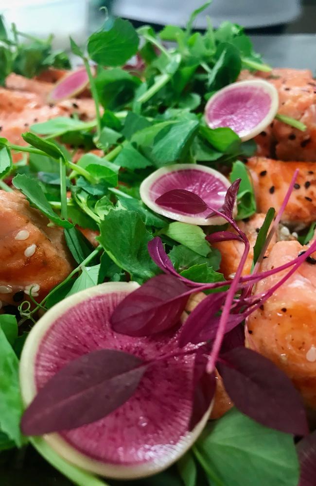 Hot smoked salmon salad with watermelon radish from Moreton Bay Kitchen.