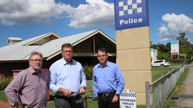 Gold Coast MP’s Michael Crandon, Trevor Watts and Mark Boothman have called for more police at the overstretched Coomera station. Photo: Supplied.