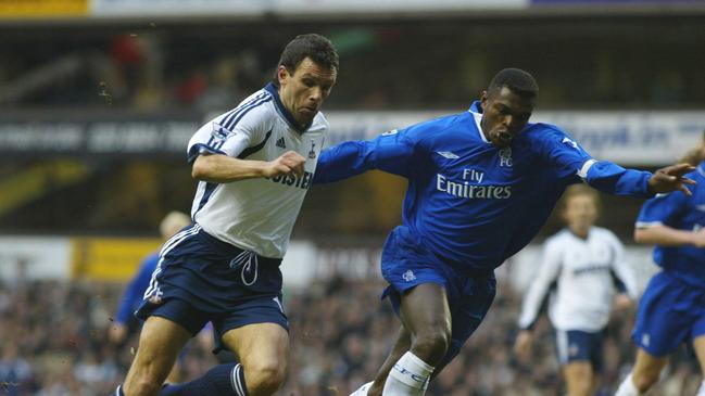 Current Jeonbuk Motors coach Gus Poyet (left) takes on Chelsea's Marcel Desailly during his time with Tottenham Hotspur. Picture: AP Photo/Tom Hevezi/PA