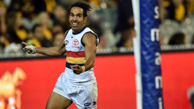 Eddie Betts celebrates a goal against Hawthorn.