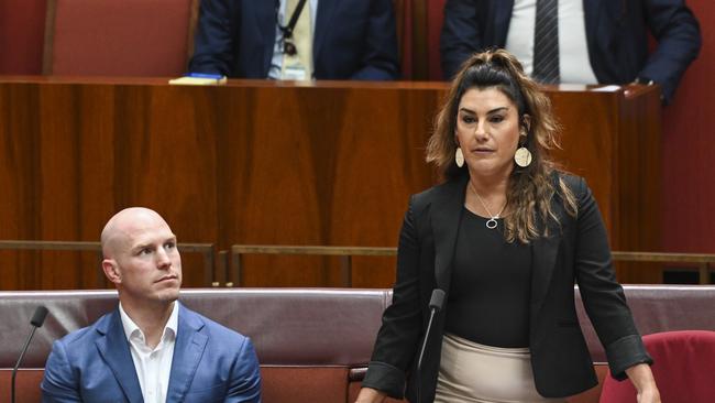 Independent Senators David Pocock and Lidia Thorpe at Parliament House on February 7, 2023 in Canberra, Australia. Thorpe recently defected from the Greens over her stance on the Indigenous voice to parliament. (Photo by Martin Ollman/Getty Images)