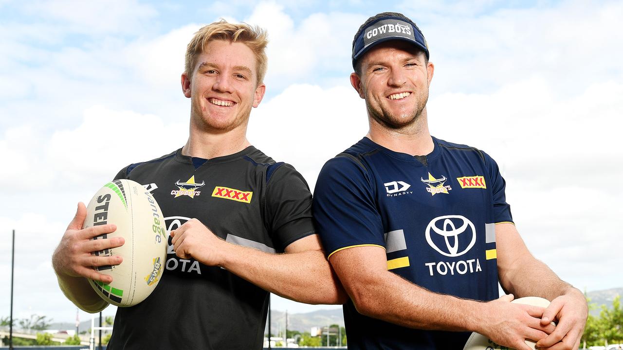 Tom Dearden and his Cowboys teammate Chad Townsend will be opposing camps in Origin III. Picture: Shae Beplate