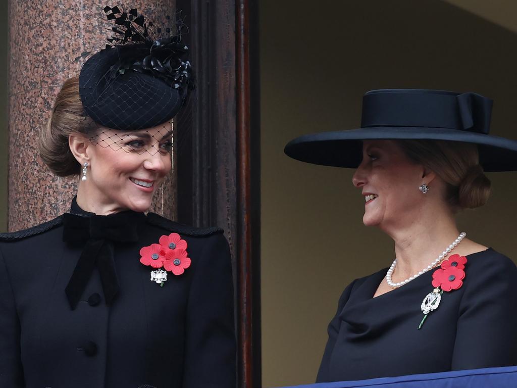 The Princess of Wales chats with Sophie, Duchess of Edinburgh on the balcony during the National Service of Remembrance at The Cenotaph. Picture: Chris Jackson/Getty Images