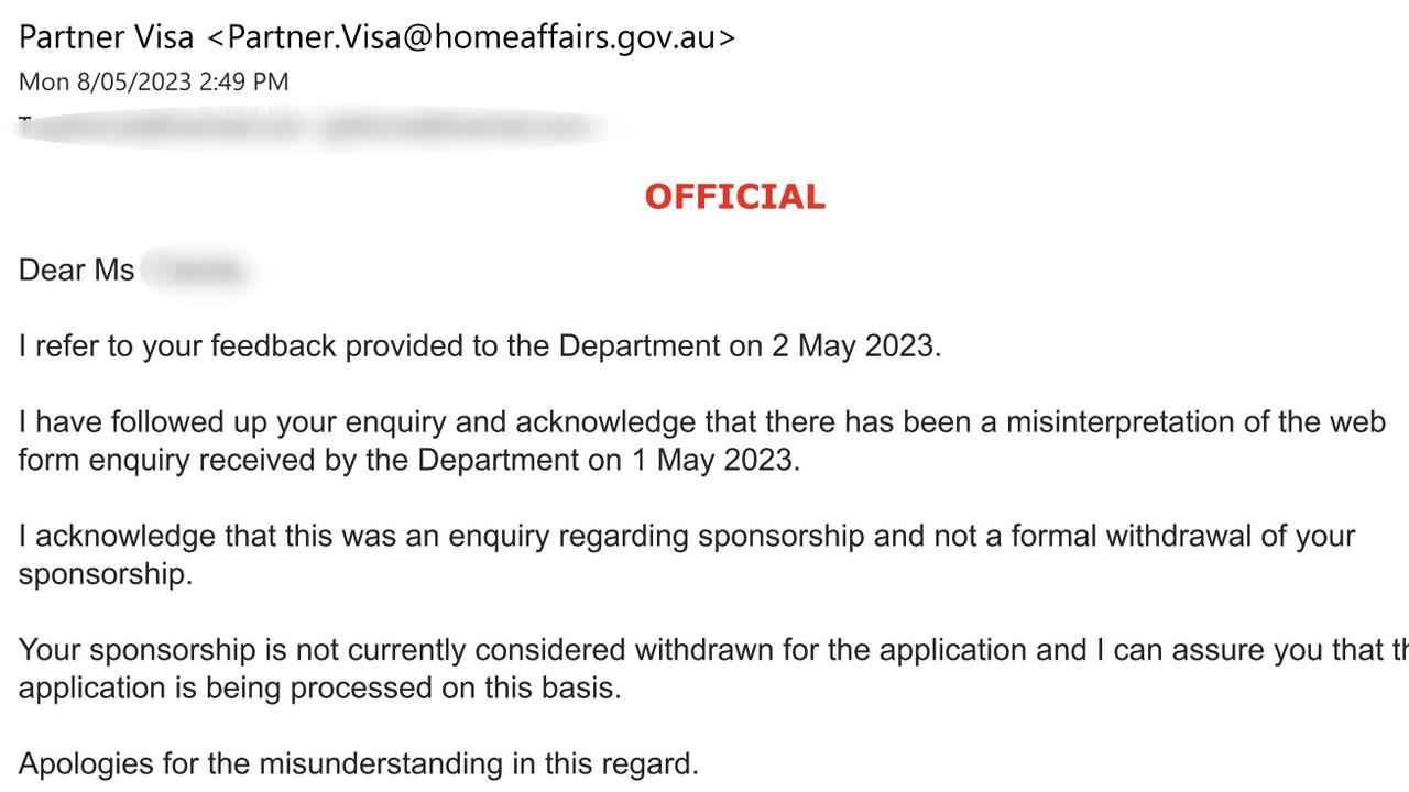 A senior Immigration official concedes a shocking mistake had been made and apologises for the ‘inconvenience’.