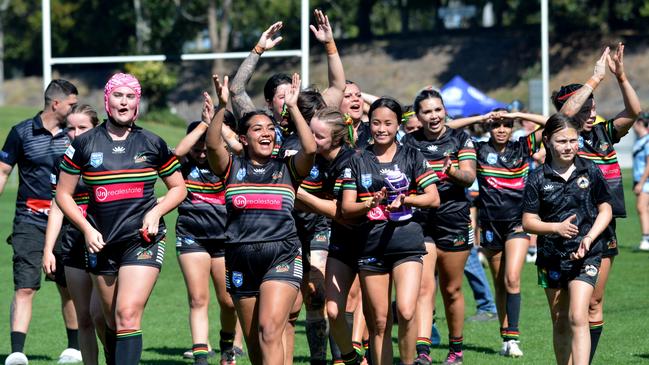 Sawtell players celebrating their historic victory. Picture: Leigh Jensen