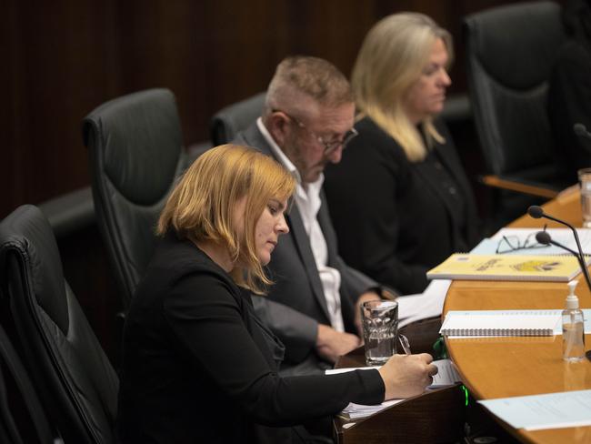 Question time in the Tasmanian Parliament, Member for Braddon Miriam Beswick, Member for Lyons Andrew Jenner, and Member for Bass, Rebekah Pentland of the Jacqui Lambie Network . Picture: Chris Kidd