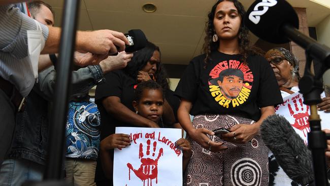 Kumanjayi Walker's family call for justice on the steps of NT Supreme Court. Picture: Amanda Parkinson