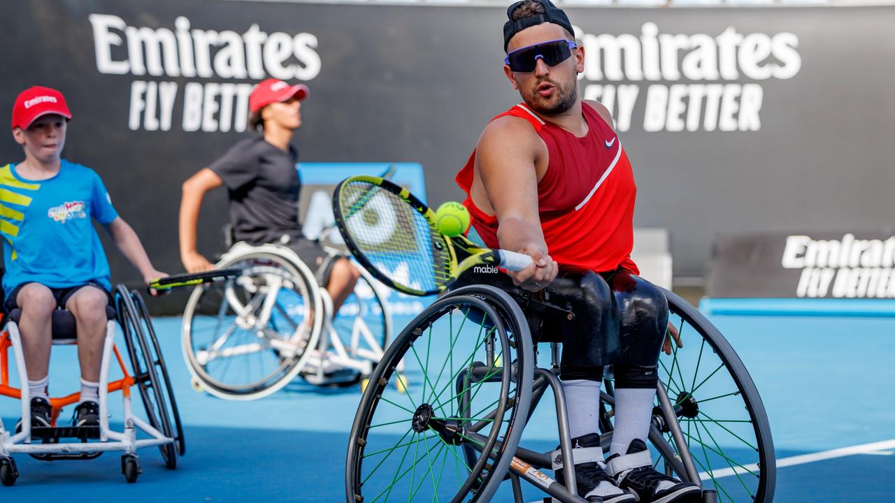 Retired tennis player and Paralympian Dylan Alcott photographed at the Emirates Tennis Clinic during the Australian Open at Melbourne Park in 2022. Picture: Mark Peterson/Tennis Australia