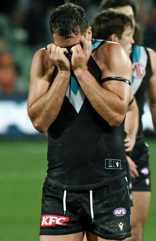 Travis Boak reacts after the final siren against the Giants. Picture: Getty Images