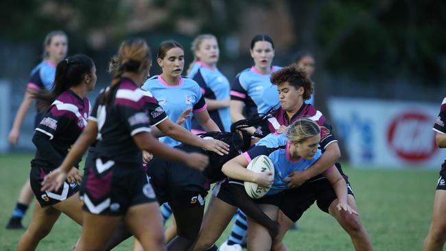 Lola Jenkins tackled during Marymount v Marsden. Picture: Glenn Hampson