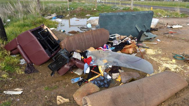 Rubbish illegally dumped on Amaroo Rd, Craigieburn. Picture: Kylie Else