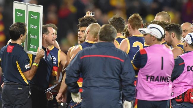 Crows coach Don Pyke addressing his players. Picture: AAP