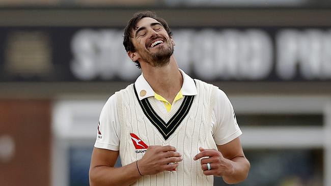 DERBY, ENGLAND — AUGUST 31: Mitchell Starc of Australia reacts while bowling during day three of the Tour Match between Derbyshire CCC and Australia at The County Ground on August 31, 2019 in Derby, England. (Photo by Ryan Pierse/Getty Images)