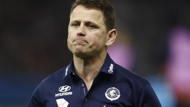 Blues head coach Brendon Bolton is seen during the Round 23 AFL match between the Carlton Blues and the Adelaide Crows at Etihad Stadium in Melbourne, Saturday, August 25, 2018. (AAP Image/Daniel Pockett) NO ARCHIVING, EDITORIAL USE ONLY