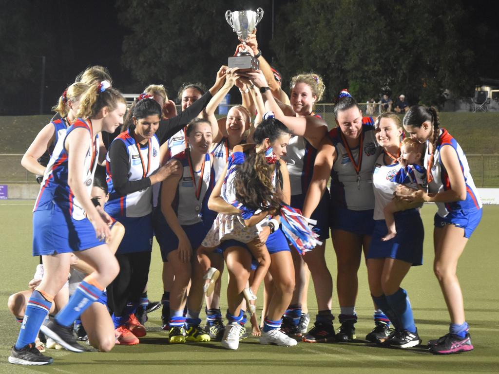 Easts Darwin Women's A-grade side lift the DHL23 premiership trophy after defeating Commerce Pints 3-2 in the grand final.