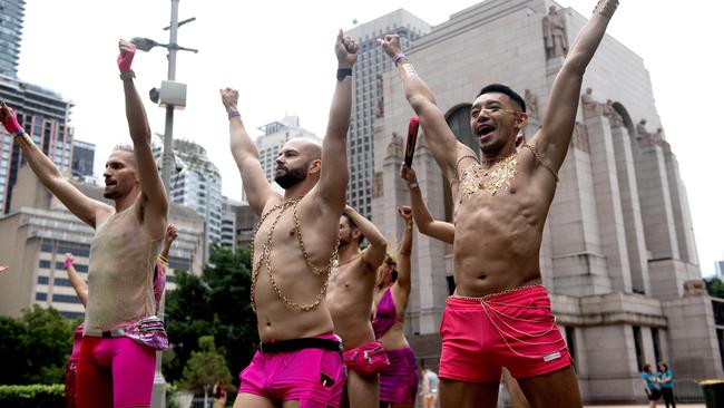 Mardi Gras participants prepare at Sydney’s Hyde Park before the parade begins. Picture: NCA NewsWire / Jeremy Piper