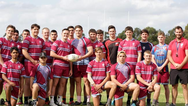 St Gregory’s team with coach Michael Bullock ahead of the clash with Patrician Brothers Blacktown Picture: Christian Gilles