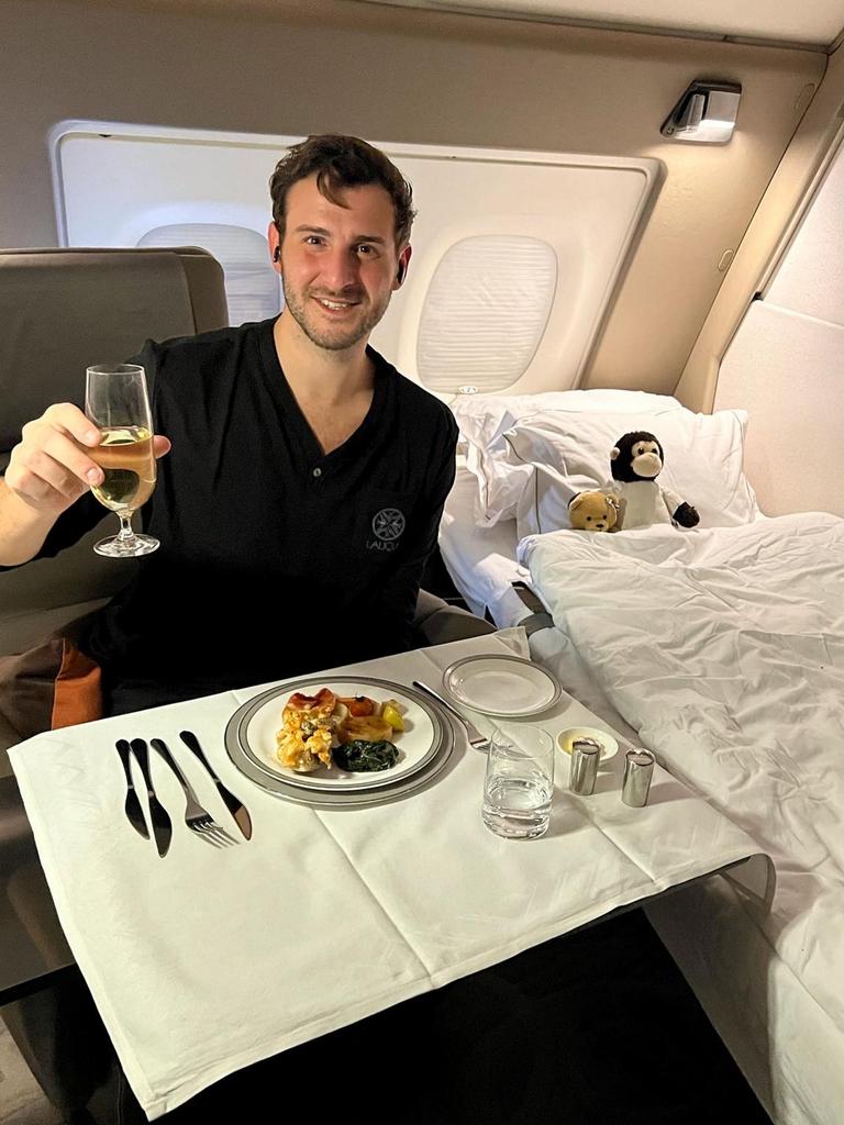 James Asquith and his amazing food on a Singapore first class suite aeroplane. Picture: Caters.