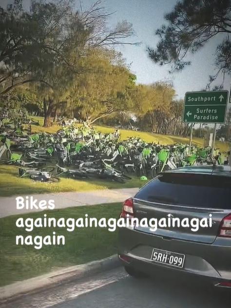 Abandoned hire bikes on the footpath at the southern end of The Spit during the Fred Again gig on The Spit on March 9, 2024. Picture: Zachary Burton