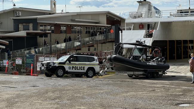 A police rescue boat unloads from the Penneshaw Ferry after two bodies were found in waters off KI. Picture: Dasha Havrilenko